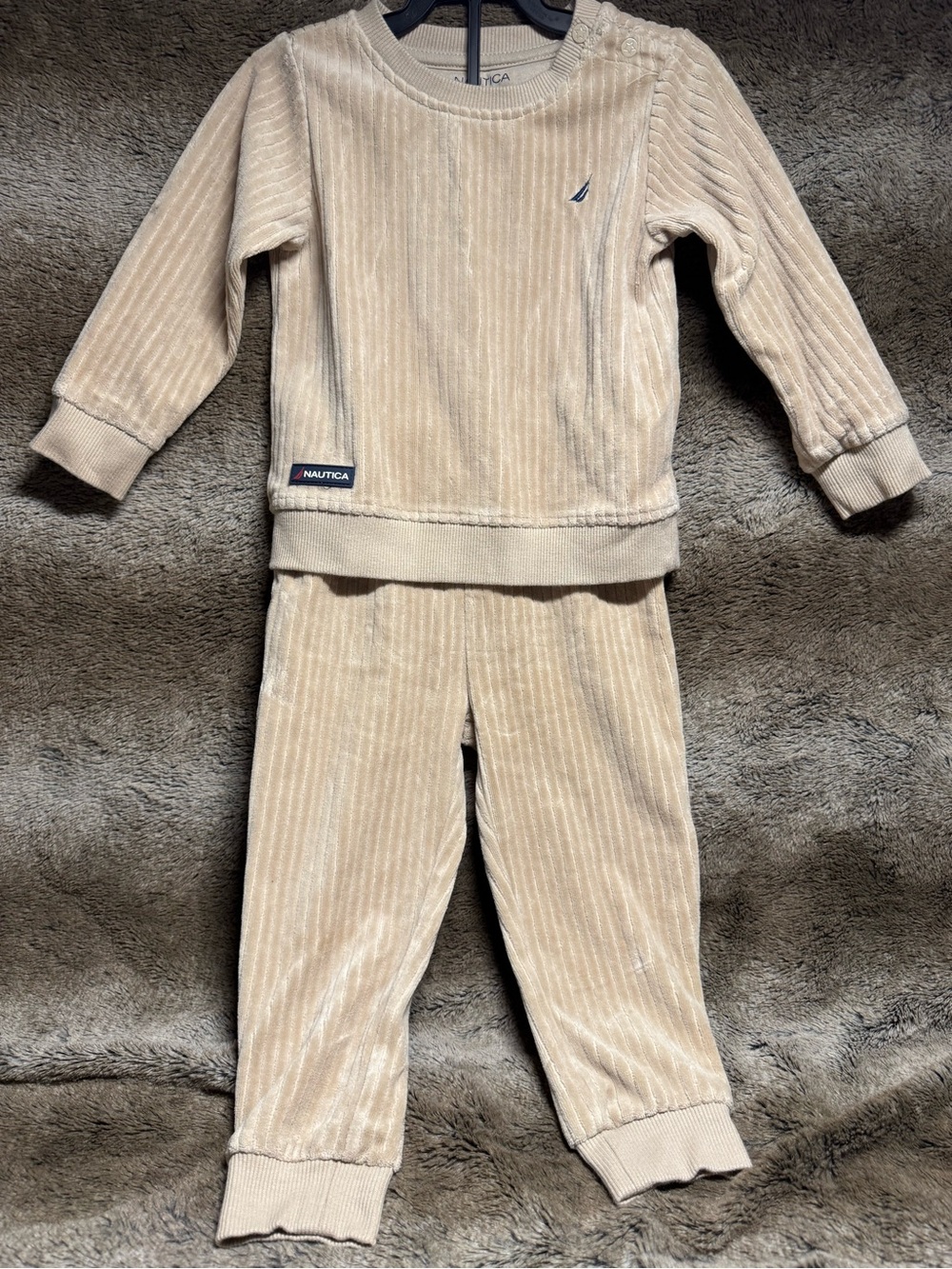 Nautica Men's Beige Corduroy Sweater with Navy Logo